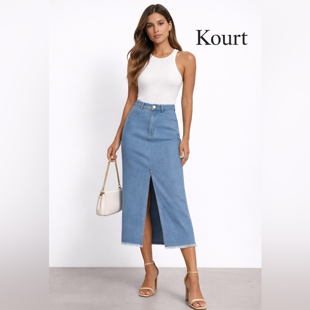 Kourt Light Blue Denim Midi Skirt with Front Slit